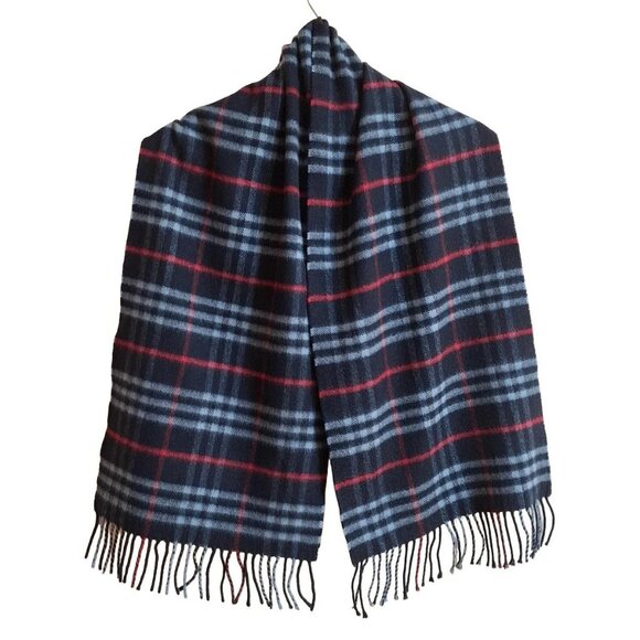 Auth Burberry's - Dark Navy Light Blue Red Cashmere Scarf - Picture 1 of 5